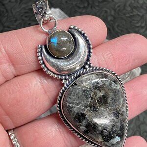 Larvikite Labradorite and Crescent Moon Witchy Fairycore Pendant